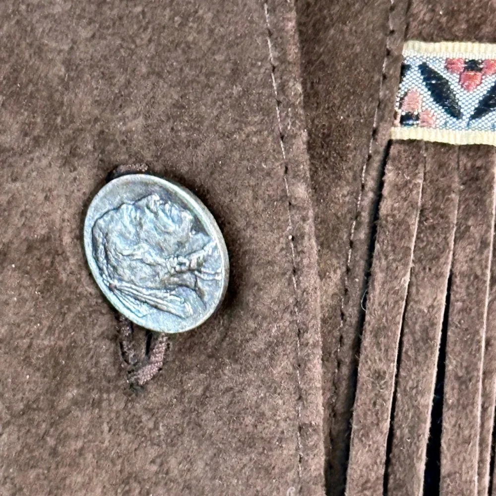 BLEU BLANC ROUGE Vintage Women L Brown/Blue Coat Fringe Suede Yellowstone Tribal
